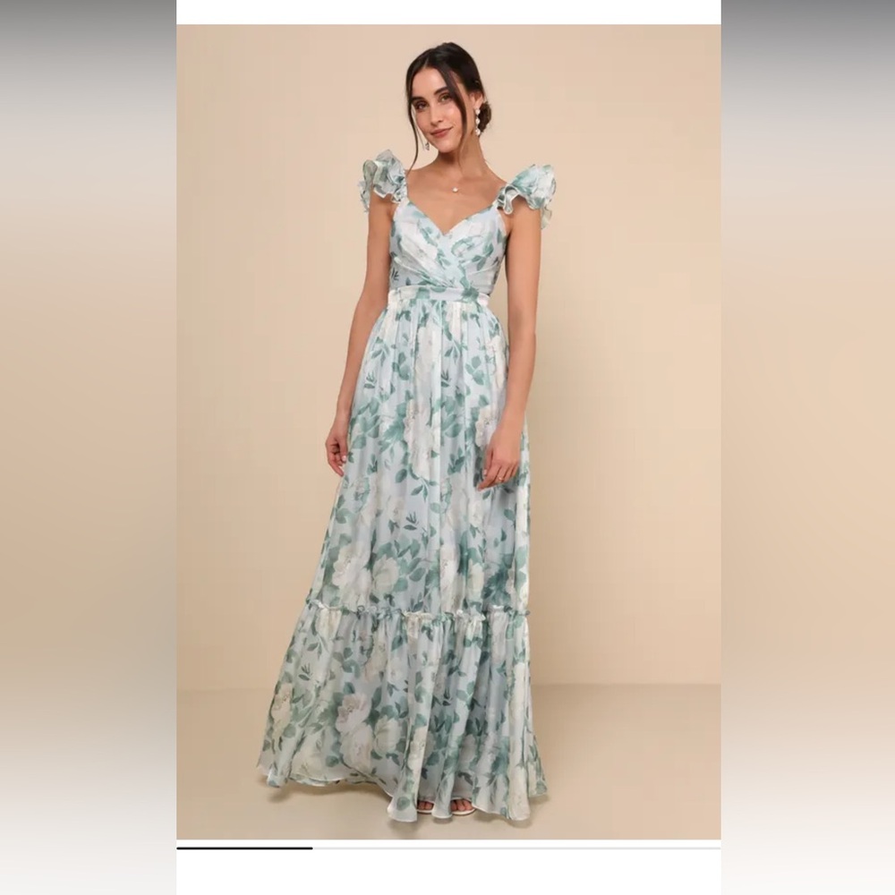 Soiree Perfection Light Blue Floral Ruffled Tiered Maxi Dress